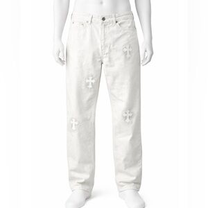 NWOT Men's Relaxed White Jeans with Cross Design